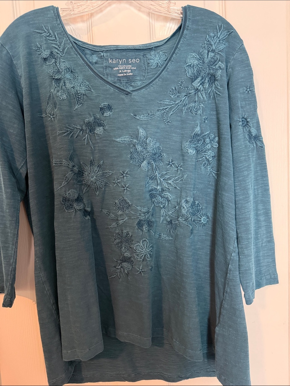 Karyn Seo Teal Embroidered V-Neck Long Sleeve Top